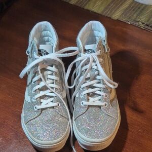 Vans Sk8 Kids Sparkly Sneakers - Silver Holographic Glitter Size 1.5 Girls